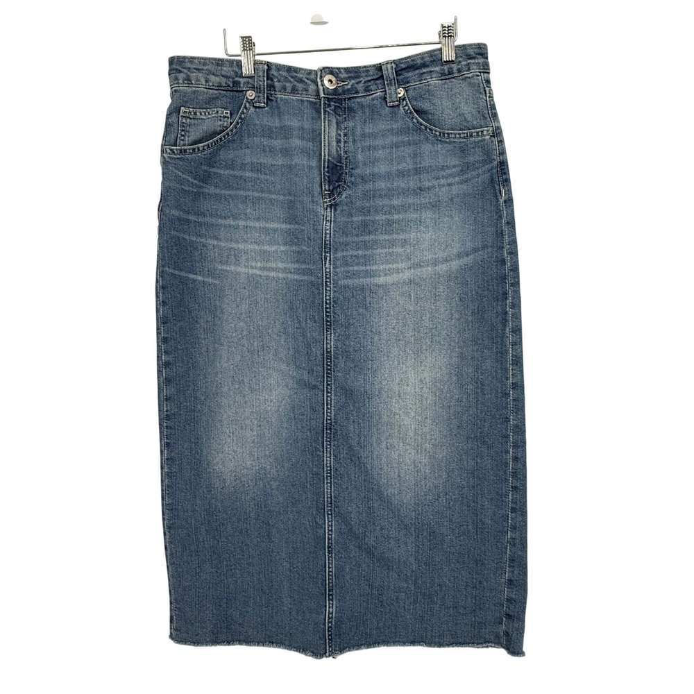 H&M Divided Denim Midi Skirt Womens 10 Blue Excellent Raw Hem Slit Straight